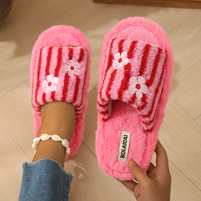 Embroidery Embellishments - Flower Embroidery Stripe Plush Slippers Women