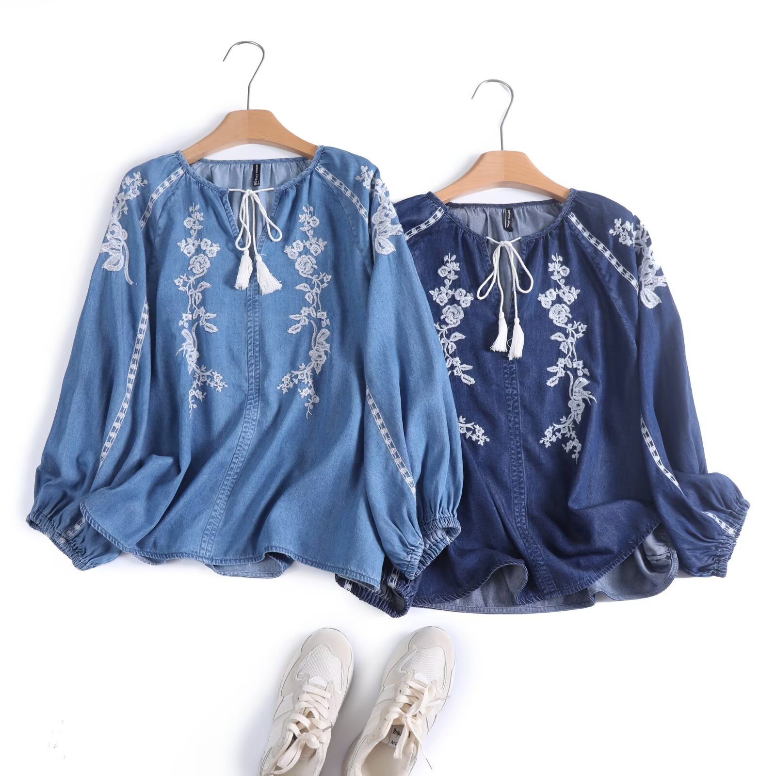 Women Denim Blouse Top Flower  - Tassel Fringe Trim 评论和价格