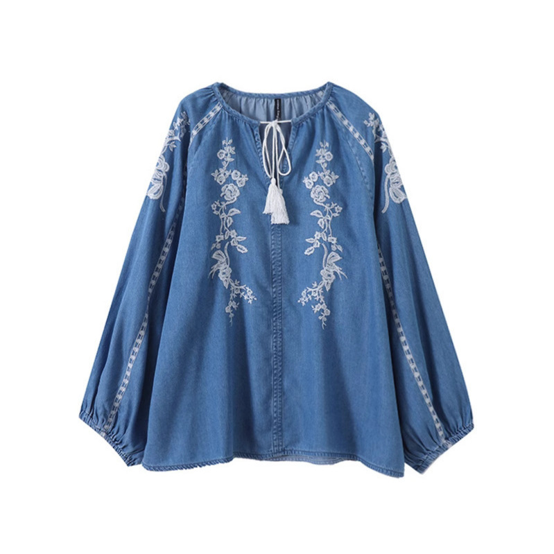 Women Denim Blouse Top Flower  - Tassel Fringe Trim 评论和价格