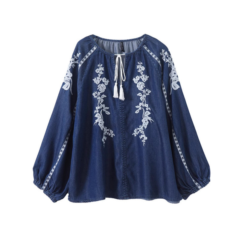 Women Denim Blouse Top Flower  - Tassel Fringe Trim 评论和价格