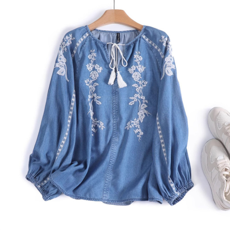 Women Denim Blouse Top Flower  - Tassel Fringe Trim 评论和价格