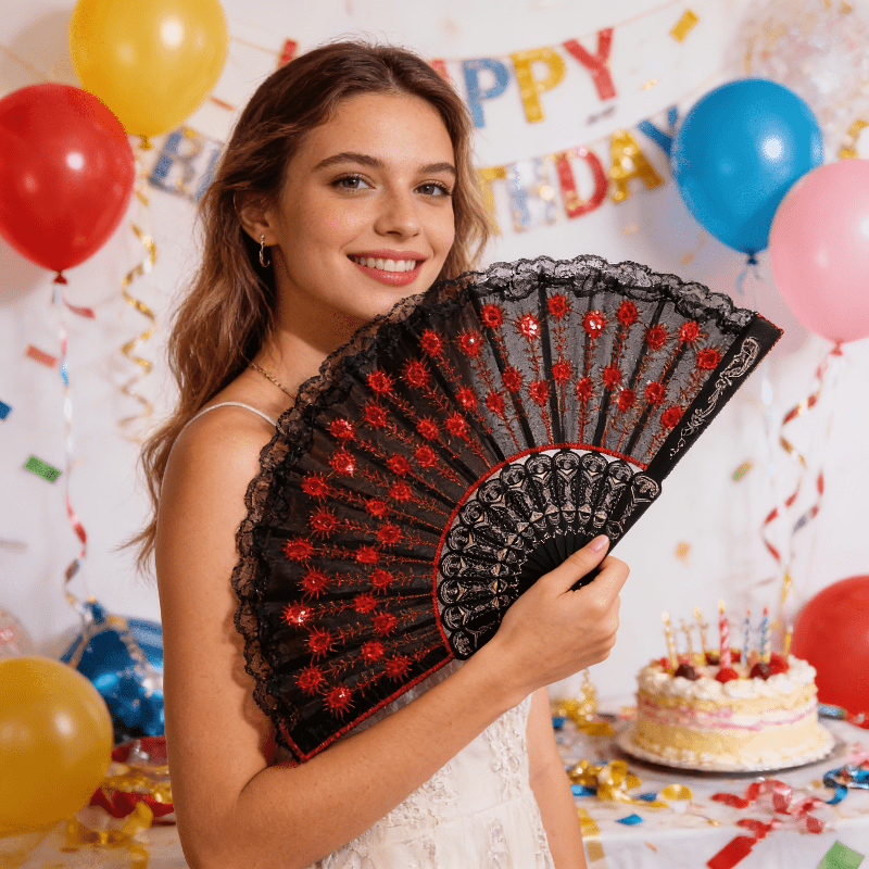 Spanish Style Folding Hand Fan - Tassel Fringe Trim 评论和价格