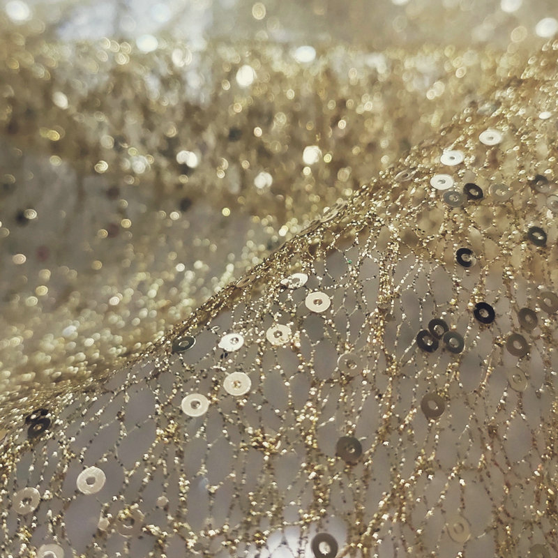 Hard Net White Gold Sequin Emb - Crystal Mesh Fabric 评论和价格